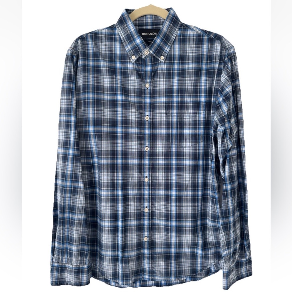Bonobos Mens Blue Cotton Plaid Long Sleeve Button-Up Slim Fit Shirt Medium, EUC
